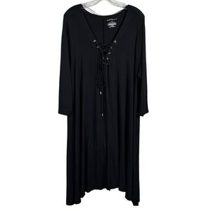Boutique+ Solid Black Longline V-Neck Lace Up 3/4 Sleeve Jersey Knit Dress 1X